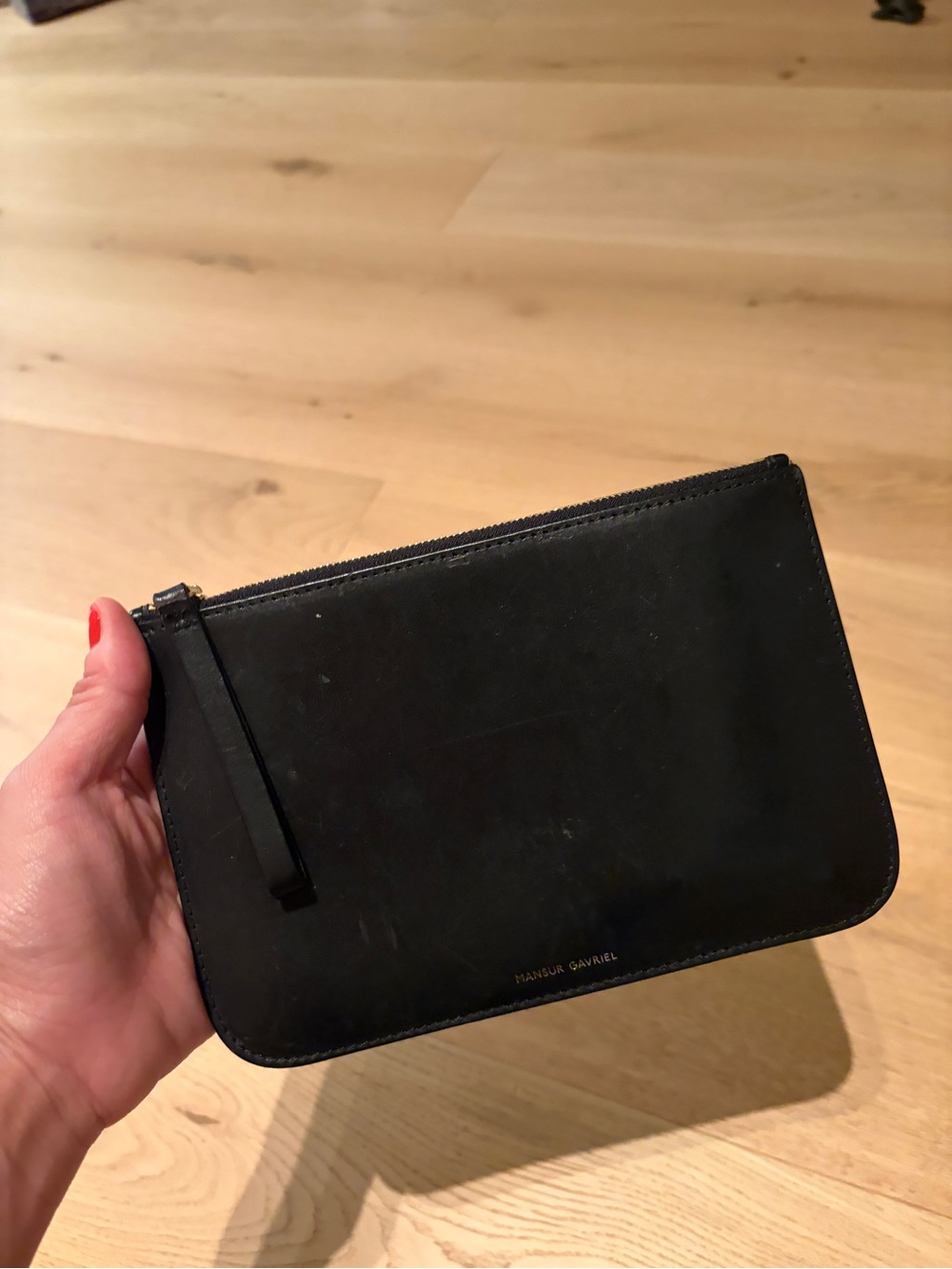 Mansur Gavriel Black Leather Zip Pouch with Leather Pull